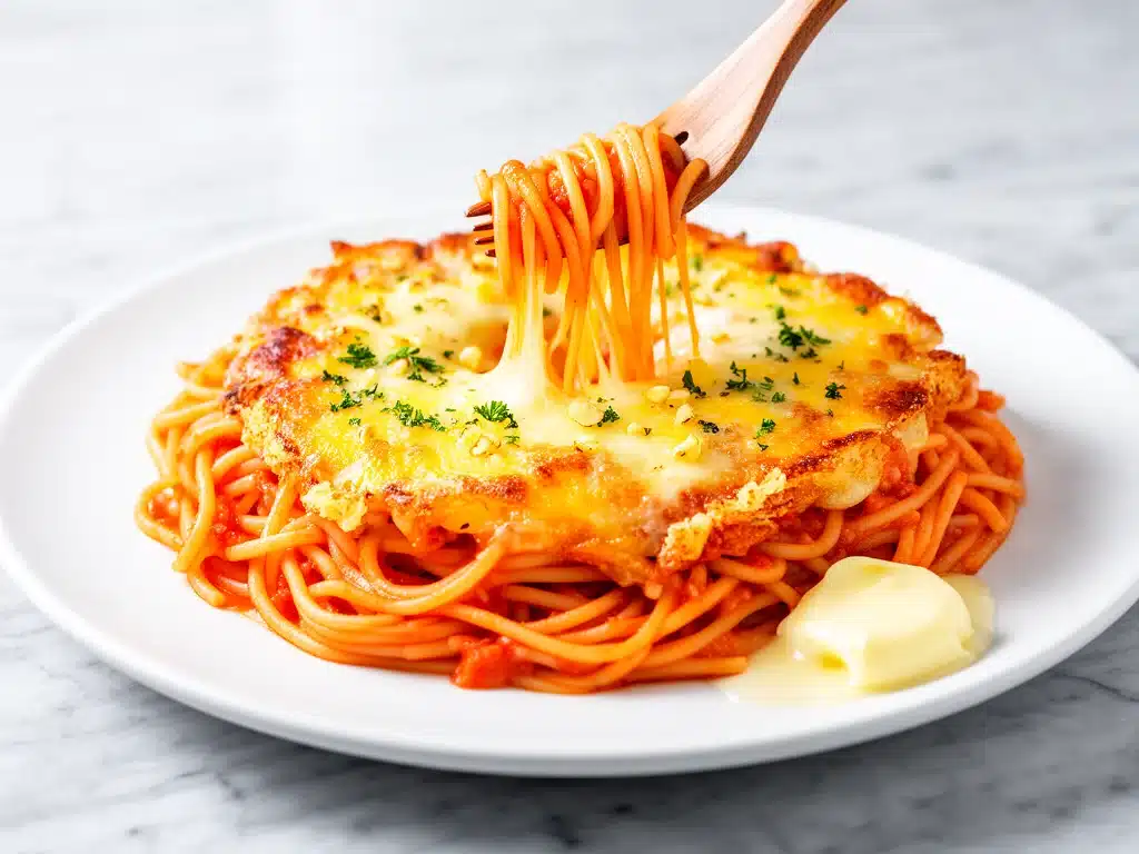 cheesy baked spaghetti with garlic butter crust - featured image
