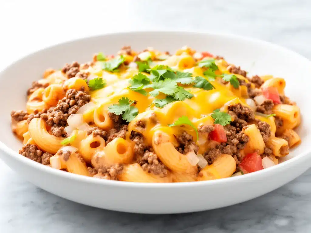 cheesy ground beef taco pasta skillet - featured image