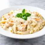 creamy garlic parmesan chicken pasta bake - featured image