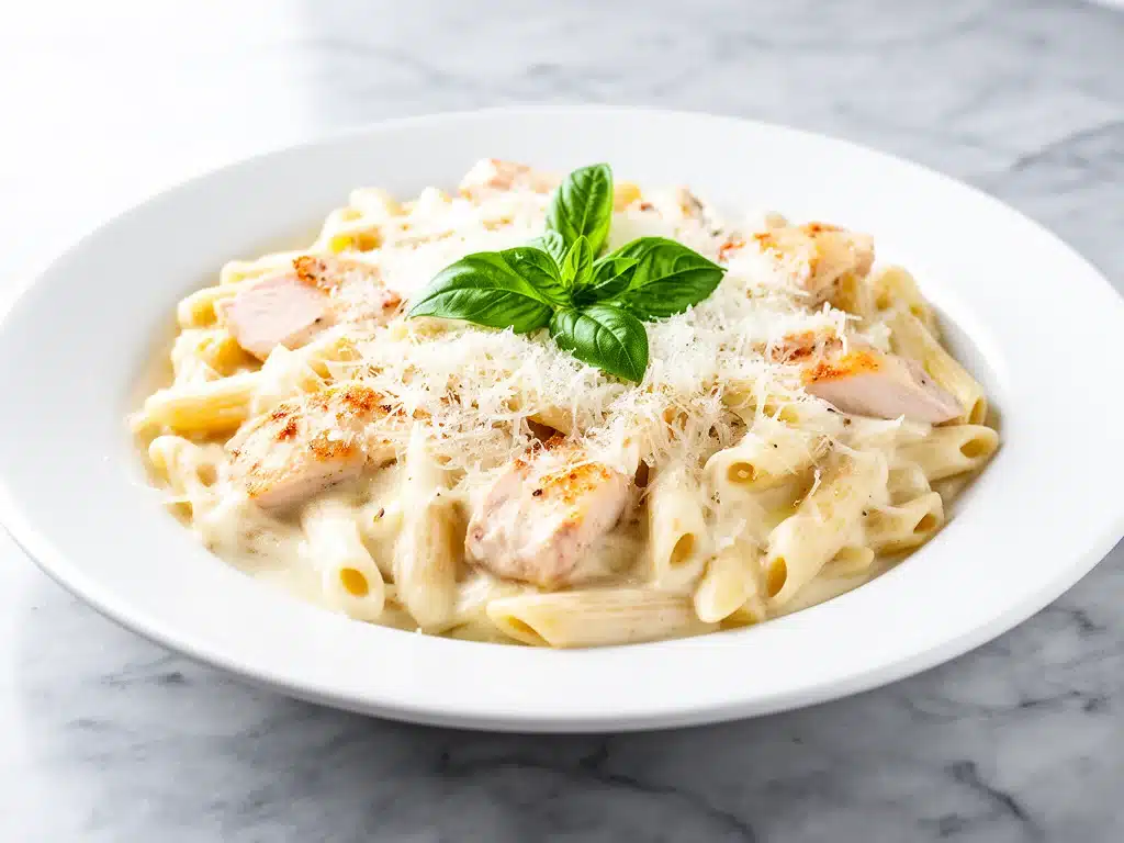 creamy garlic parmesan chicken pasta bake - featured image