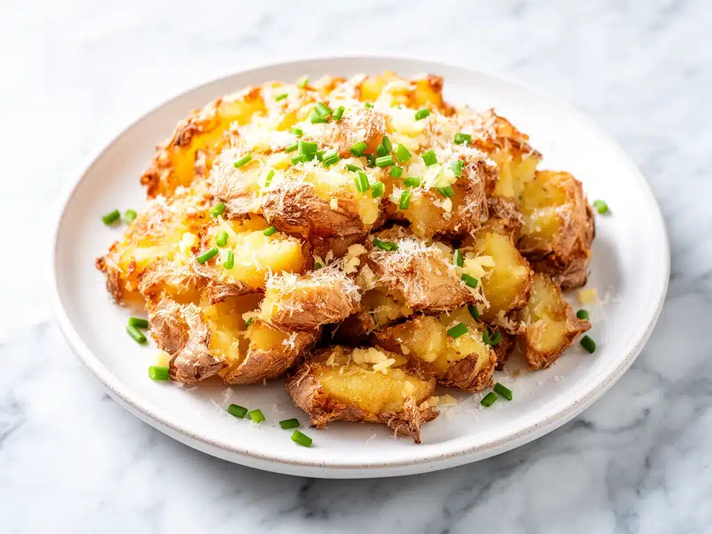 crispy garlic parmesan smashed potatoes - featured image