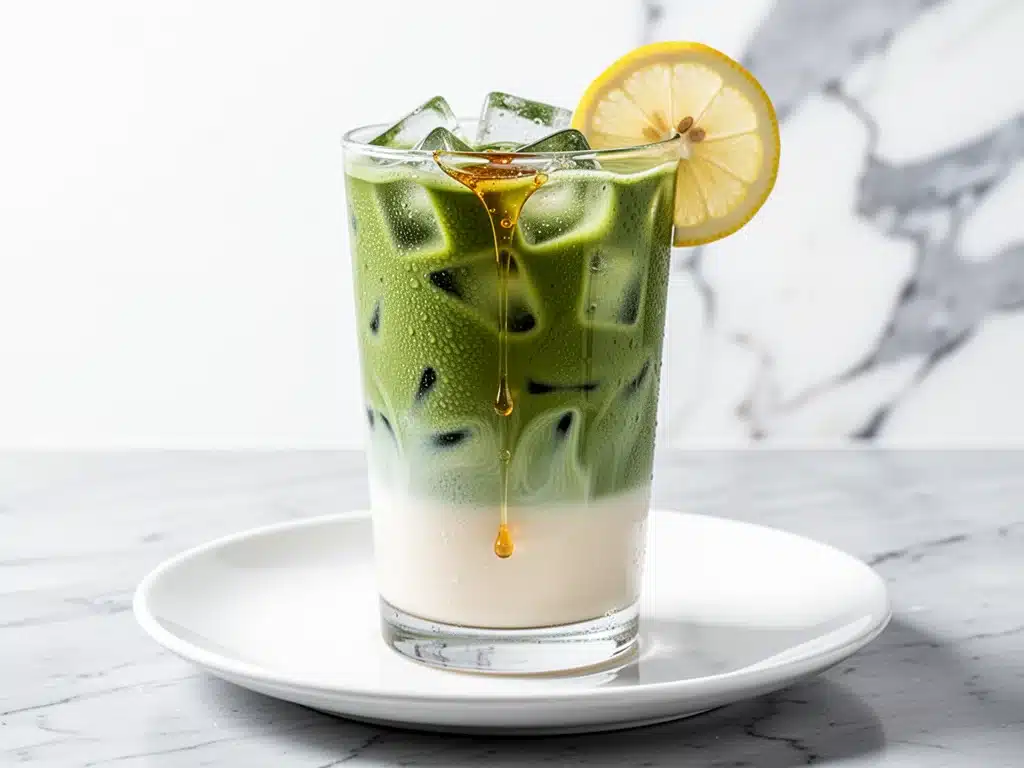 dairy-free iced matcha latte with honey - featured image