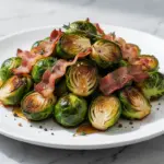 fall maple glazed roasted brussels sprouts with crispy bacon - featured image