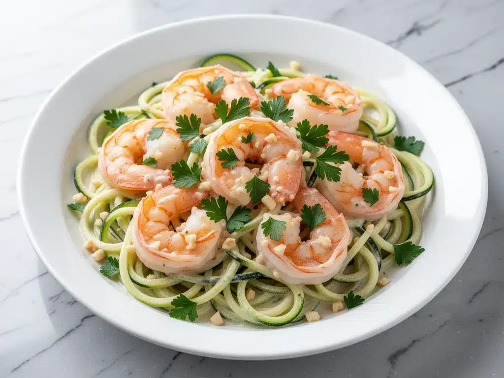 keto garlic butter shrimp zoodles - featured image