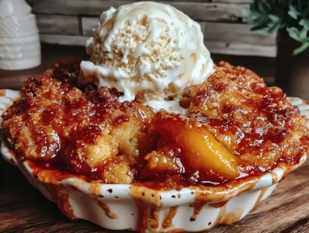 labor day bourbon peach cobbler - featured image