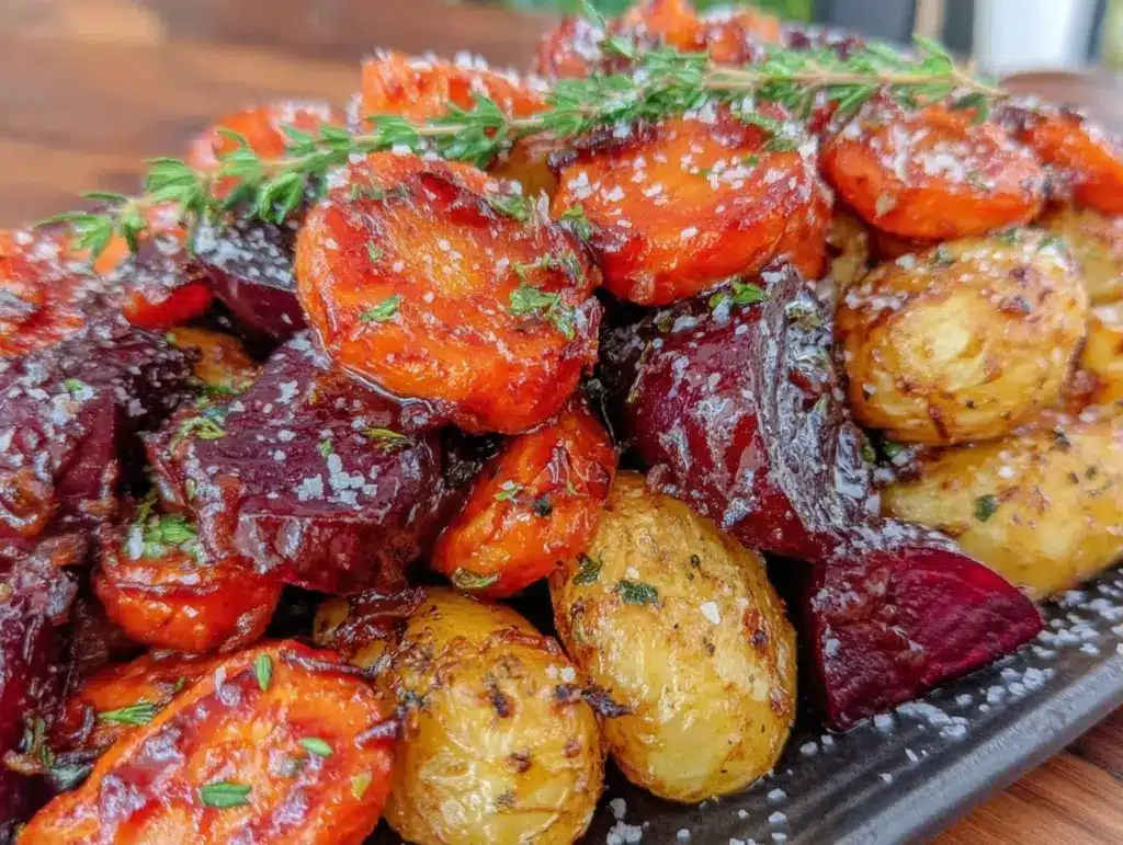 maple balsamic roasted root vegetables - featured image