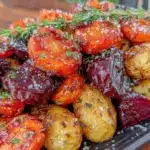 maple balsamic roasted root vegetables - featured image